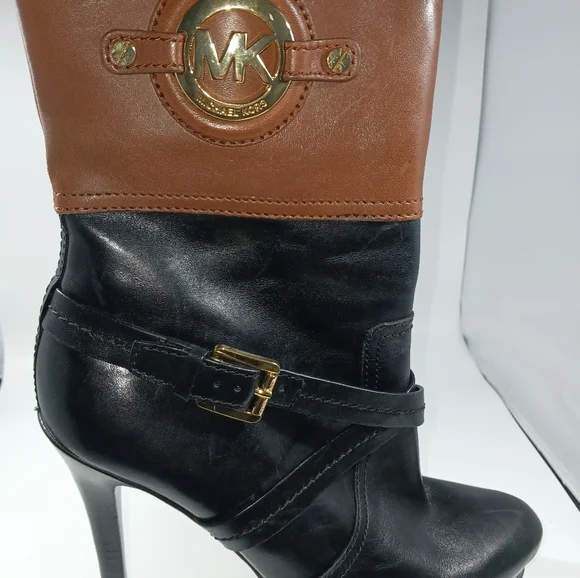 *Michael Kors Stockard Bootie Dark Brown/Black 5" Heel Sz 10M Gold Side Zipper - Picture 12 of 14